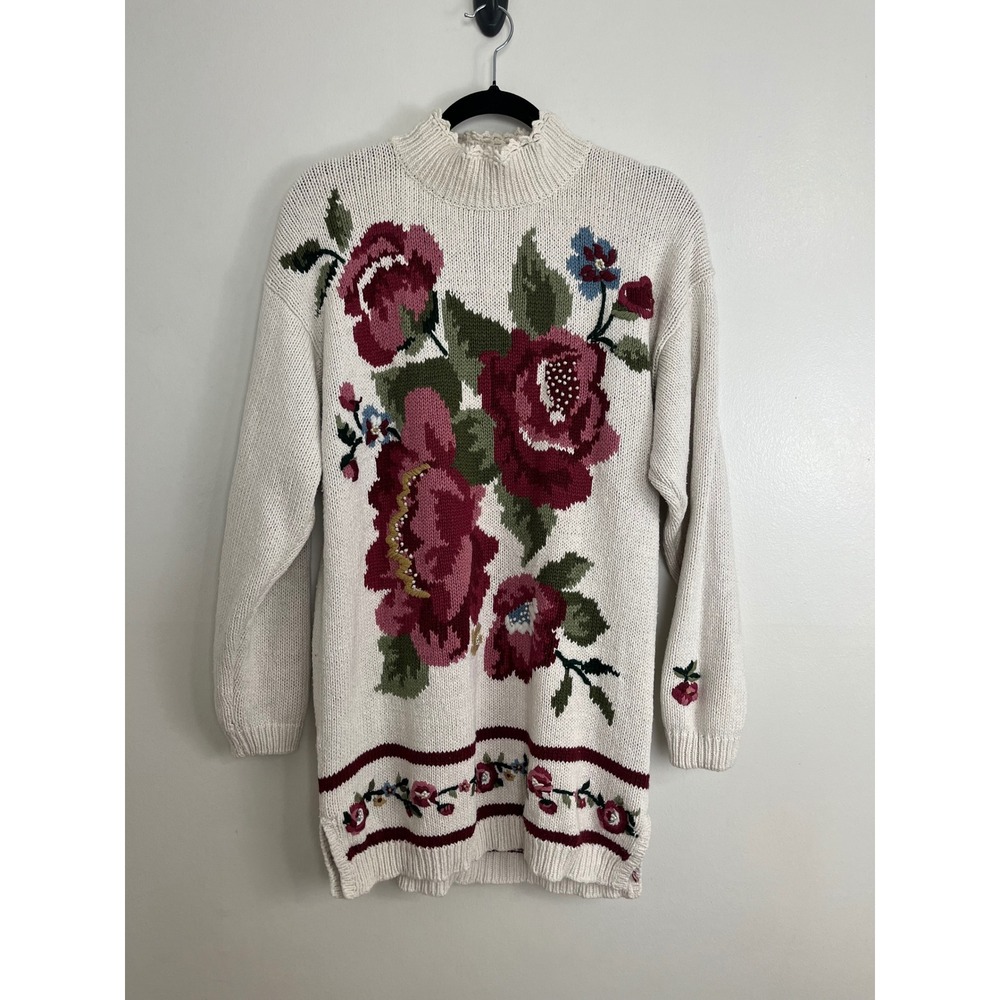 Vintage Cottagecore Floral Knit Tunic Sweater Large Cream Beaded Coquette